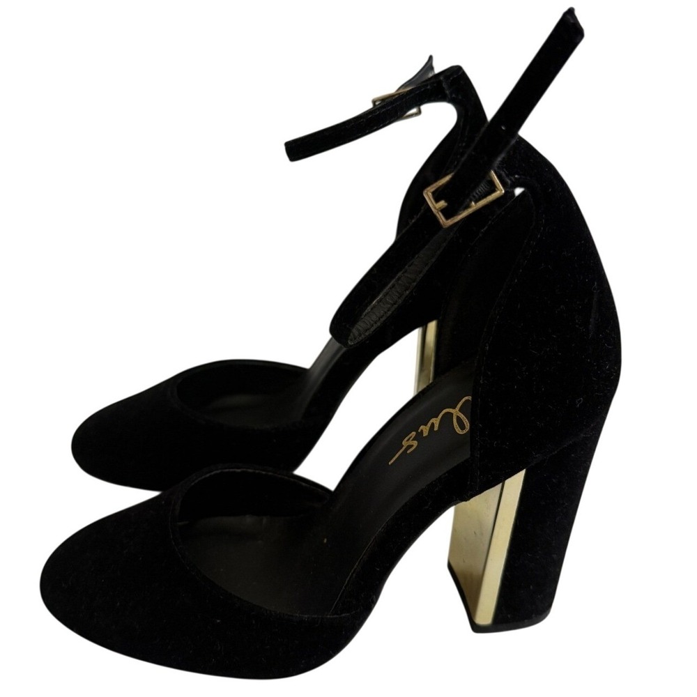Lulus Black Velvet Ankle Strap D'Orsay Pumps Gold Metallic Block Heel Size 5